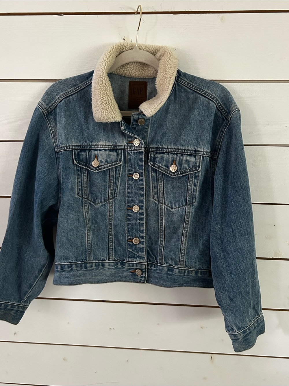 GAP Sherpa Collar Denim Trucker Crop Button Up Jean Jacket Women’s Oversized S